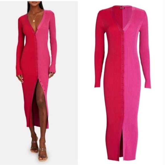 STAUD Two-Tone Pink and Red Long Sleeve Dress - Picture 4 of 14